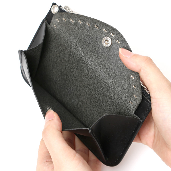  THE WONDER LUST(ワンダーラスト) 日本製 本革 スタッズ ミニ財布 メンズ ブラック 黒 黒色 丸カン付き チェーン ネックストラップ 可能 コンパクト 小銭入れ あり プレゼント ブッテーロ スタンダードリベット レザー ウォレット ブランド